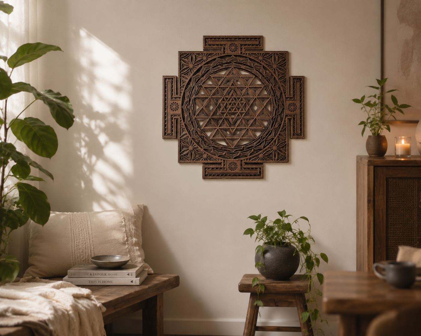 YIVFOX Sri Yantra Wall Art Wooden Sacred Geometry Decor, Handcrafted Sri Chakra Wall Hanging for Meditation Room, Yoga Studio, Spiritual Home Decor