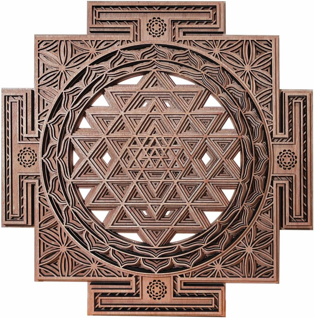 YIVFOX Sri Yantra Wall Art Wooden Sacred Geometry Decor, Handcrafted Sri Chakra Wall Hanging for Meditation Room, Yoga Studio, Spiritual Home Decor