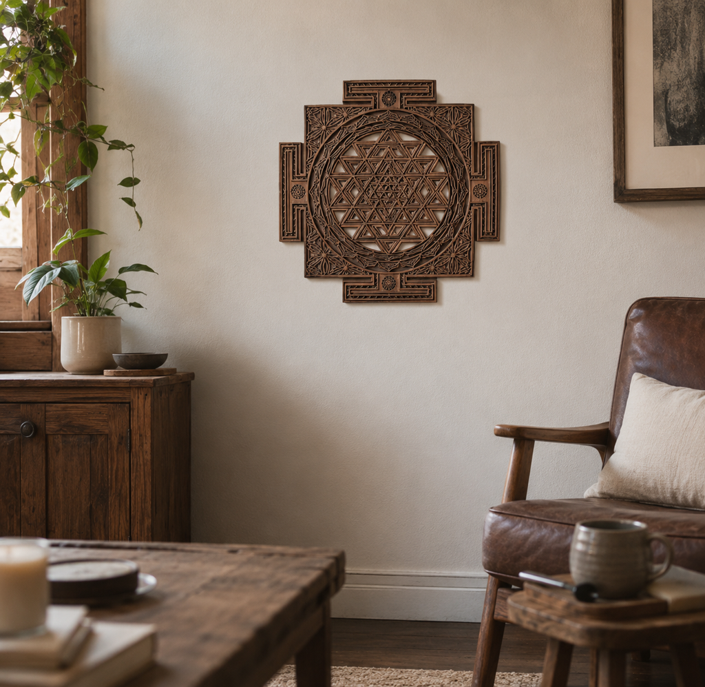 YIVFOX Sri Yantra Wall Art Wooden Sacred Geometry Decor, Handcrafted Sri Chakra Wall Hanging for Meditation Room, Yoga Studio, Spiritual Home Decor
