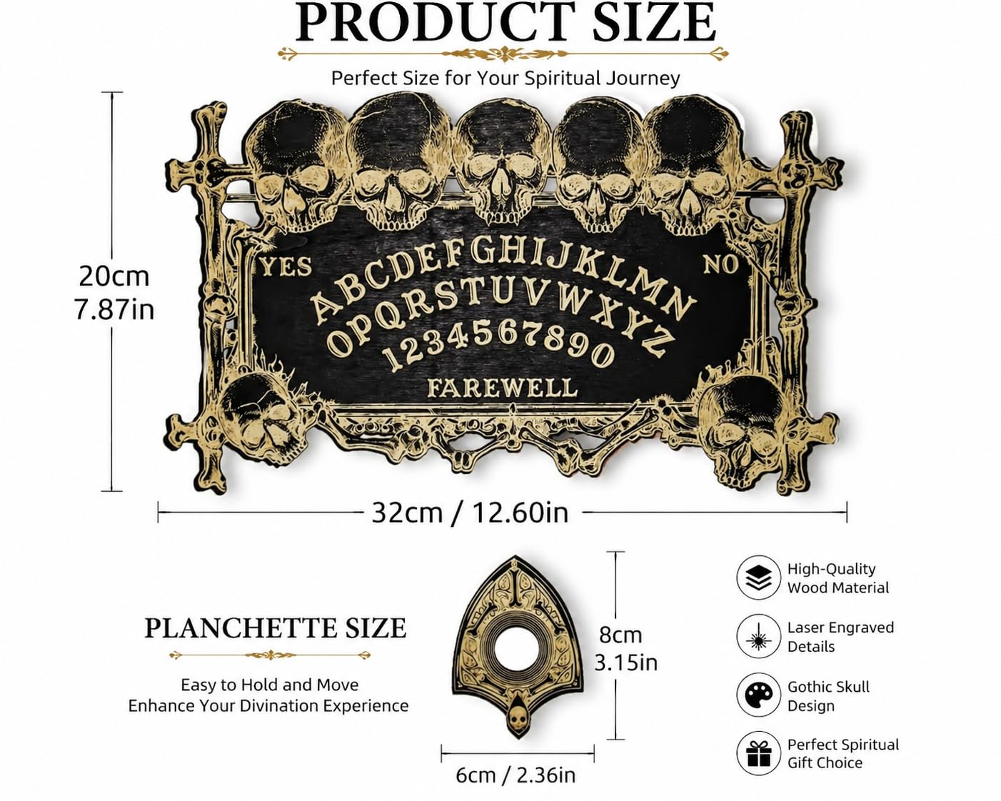 YIVFOX Ouija Board Magic Skull Divination Board for Party and Decoration, Wooden Spiritual Dialogue Board for Witchy Supplies